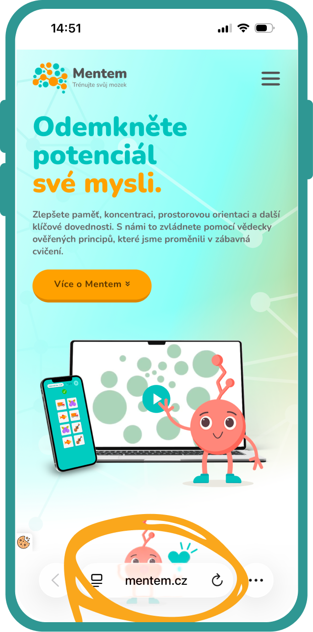 Otevřete v telefonu internetový prohlížeč Safari a přejděte na stránku mentem.cz.